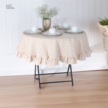 Dnc Home Tekstil  Sütlü Kahve Çizgili Keten Yuvarlak Fırfırlı Masa Örtüsü Sütlükahve