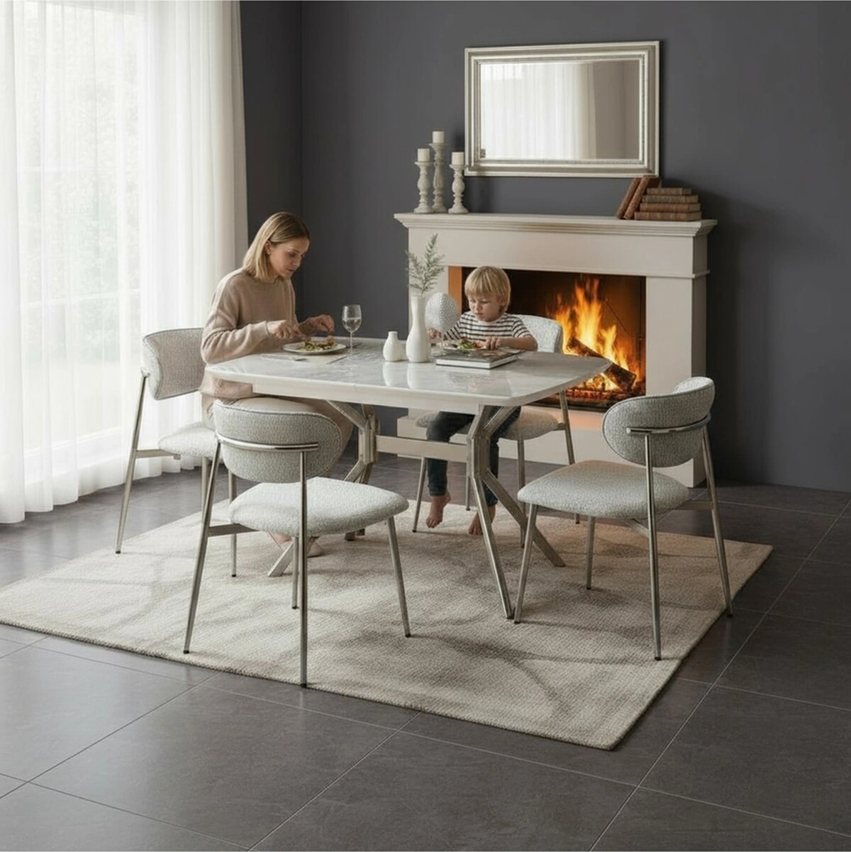 Dengema Duman Açılır Masa Takımı Gri Mermer - Krom Metal Ayak 80 130 160 Cm, 4 Sandalyeli Gri Mermer - Krom Ayak