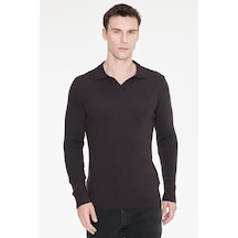 Ac&Co / Altınyıldız Classics Erkek Kahverengı Standart Fit Normal Kesim Polo Yaka Jakarlı Triko Kazak Kahverengi