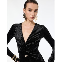 Koton V Yaka Uzun Kollu Metal Aksesuarlı Slim Fit Kadife Elbise Siyah 6wak80121fk Siyah