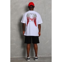 Erkek Kısa Kol Tişört Bisiklet Yaka Kanat Baskılı Oversize T-shirt - Beyaz