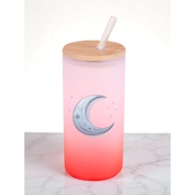 Mavi Ay Baskılı 600 Ml Cam Matara- Su Matarası, Suluk Matara, Cam Pipetli Matara Kırmızı