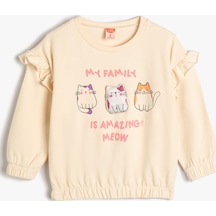 Koton Sweatshirt Uzun Kollu Bisiklet Yaka Aplike Detaylı Fırfırlı Pamuklu Bej 4smg10004ak 4SMG10004AK051 Ekru