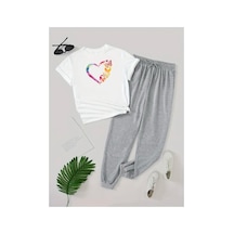 Medinenur Renkli Kalp Ve Kelebek Baskılı T-shirt Eşofman Altı Jogger Rahat Kalıp Siyah Eşofman Takım Beyaz