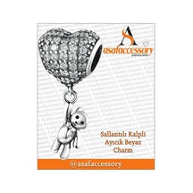 Sallantılı Kalpli Ayıcık Beyaz Charm Gümüş Kaplama