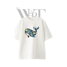 Thewert Whale Starry Night Tasarım Baskılı Ünisex Beyaz Oversize T-shirt