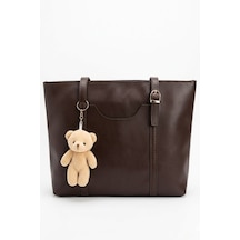Vellabags Kadın Kahverengi Omuz Çantası Teddy Anahtarlıklı Günlük Kullanım Şık Büyük Kadın Çanta Acı Kahverengi