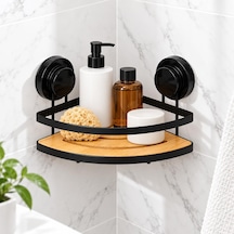Deconox Metal Bambu Banyo Rafı Tekli Köşe, Üçgen Yapışkanlı Duş Rafı, Delmeden Duvar Tipi Şampuanlık Organizer, 17 X 20 Cm Aahşap