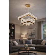2 Li Modern Kare Taşlı Sarkıt Led Avize Gold