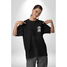 Shih Tzu Renkli Köpek Siyah Oversize Unisex Ön Sol Yan Minimal Baskılı Tişört Koyu Siyah