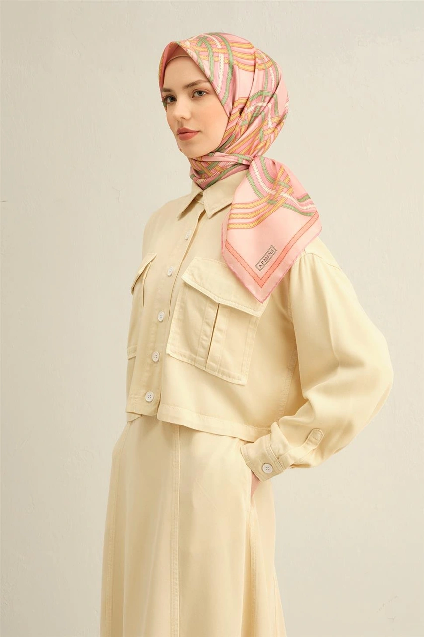 Armine Klasik Desenli Saf İpek Twill Eşarp 9333d 06 Pembe