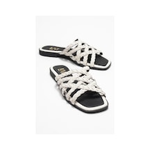 Luvishoes Luvi Shoes Alısha Ekru Hakiki Deri Örgü Bantlı Kadın Terlik Ekru