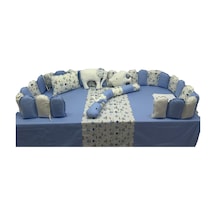 Montessori Uyku Seti 100x200 %100 Koton 8 Parça Çift Yönlü, Nevresim 155 215, Lastikli Çarşaf Mavi Krem