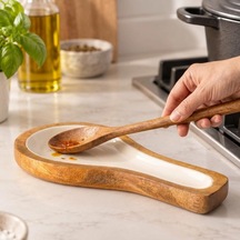 Mango Ağacı Yatay Kaşıklık 25 X 12 Cm, Parlak Krem İç Yüzeyli Ahşap Kaşık Altlığı, Kepçe, Spatula Ve Servis Gereçleri İçin Mutfak Tezgâhı Düzenleyici