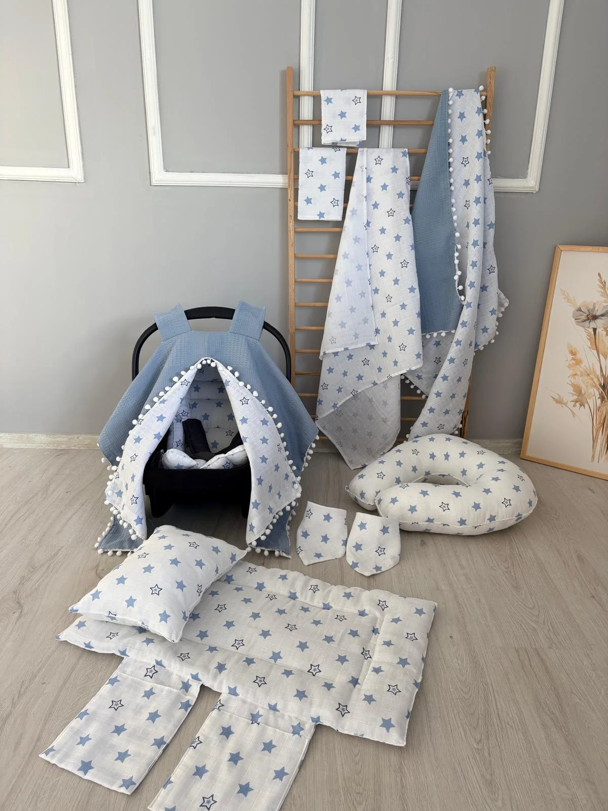 % 100 Pamuk 11 Parça Çift Taraflı Muslin Set Mavi Yıldız