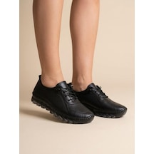 Beren Hakiki Deri Siyah Kadın Ayakkabı Lazer Delikli Ortopedik Taban Casual Günlük Yürüyüş Ayakkabısı Sneakers