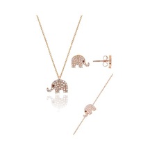 Gümüş Rose Zirkon Taşlı Fil Kolye Bileklik Ve Küpe Gümüş Üçlü Set