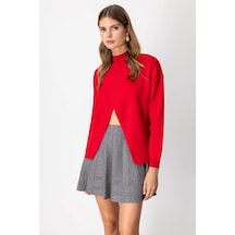 On Fashion Kadın Dik Yaka Çapraz Kırmızı Kazak 65343 Kırmızı