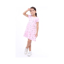 Toontoy Kız Çocuk Bisiklet Yaka Komple Çilek Baskılı Elbise Pembe