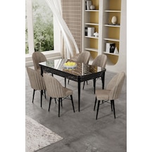 Canisa Gale Serisi 80x132 Açılabilir Lak Panel Siyah Mermer Desen Mutfak Masa Takımı 6 Cappucino Sandalye Masa Siyah Mermer Desen Sandalye Cappucino