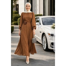 Hb Harma Time Butik Kadın İnci Detaylı Kuşaklı Taba Saten Elbise