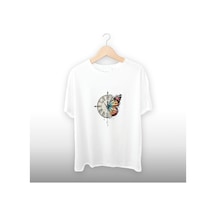 Zaman Kelebek Detaylı Unisex Tişört Beyaz