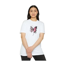 Kadın Bisiklet Yaka Kelebek Baskılı Kısa Kol T-shirt - Beyaz Beyaz