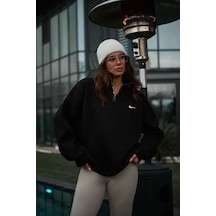 Kadın Yarım Fermuarlı Üç İplik Şardonlu Pamuklu Sweatshirt - Siyah
