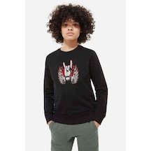 Tshirthane Rock Hand Kanat Baskılı Unisex Çocuk Siyah Sweatshirt Siyah