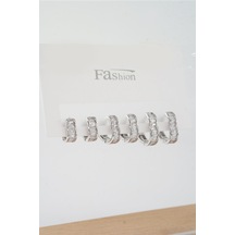 By Zeyna Aksesuar Kadın Vip Seri Baget Zirkon Taşlı 3 Boy Kalp Model 6'lı Küpe Seti-4895 Gümüş