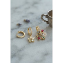 3 Lü Set Gold Renk Çiçek Model Küpe çok renkli