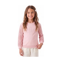Onloox Kız Çocuk Pembe Kız Pembe Pamuklu Bisiklet Yaka Regular Kolları Çiçek Aplike File Detaylı Sweatshirt 5-10 Yaş