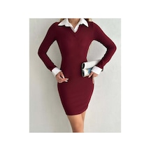 Asur Boutique Asur Butik Kadın Gömlek Yaka Ottoman Kumaş Mini Elbise 1 Beden Büyük Alınız Bordo
