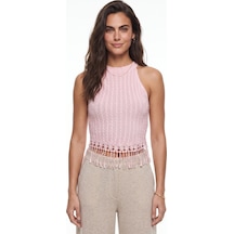 Onloox Kadın Pembe Pudra Pamuklu Örgü Dokulu Halter Yaka Standart Fit Püskül Detaylı Triko Bluz
