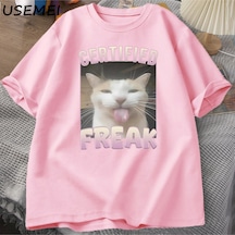 Flood Of Style Sertifikalı Freak Komik Kedi Meme T-shirt Adam Kısa Kollu Tişört Erkek Tshirt Erkek Giysileri Pembe