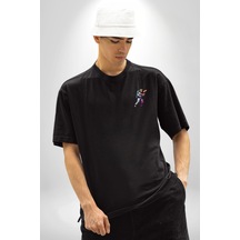 Pizza Servisi Uzay Kurye Siyah Oversize Unisex Ön Sol Yan Minimal Baskılı Tişört Koyu Siyah