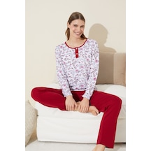 Siyah İnci Düğmeli Pamuklu Örme Pijama Takım 24240128 Beyaz
