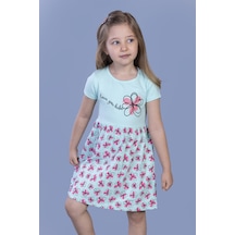 Toontoy Kız Çocuk Çiçek Desenli Yazı Nakışlı Pullu Taş İşlemeli Elbise Mint Yeşili
