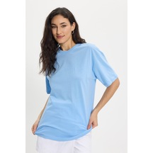 Tudors Kadın Slim Fit Dar Kesim Pamuk Kısa Kollu Bisiklet Yaka Mavi Tişört-50382 L