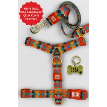 Köpek Tasma Seti Kişiye Özel İsimli Tasma, H Tipi Tasma,gövde+gezdirme Tasması, Köpek Künye Desen 12-m Genel