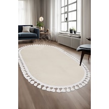 Dijidekor Halı Cool Krem Sahra Desenli Yıkanabilir Saçaklı Ov...