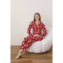 Kadın Önden Düğmeli Gömlek Yaka Suet Kumaş Pijama Takımı Kırmızı