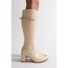 Analin Shoes Kadın Hakiki Deri Altın Toka Detaylı Şık Topuklu Çizme Bej