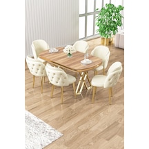 Canisa Zae Serisi 90x168 Lak Panel Hazar Gold Ayak Masa Takımı 6 Krem Sandalye Hazar Masa Krem Sandalye Ayaklar Gold