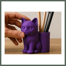Bezos 3d Baskı Kedi Figürlü Kalemlik - Masaüstü Organizer - Mor Bzstk