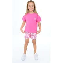Toontoy Kids Toontoy Kız Çocuk 2'li Takım Baskılı Bisiklet Yaka T-shirt & Beli Lastikli Şort Fuşya