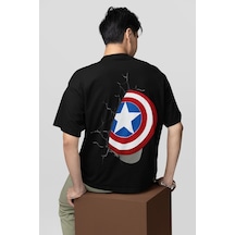 Kaptan Amerika Kalkan Baskılı Unisex Oversize Avengers Marvel Tiş Siyah