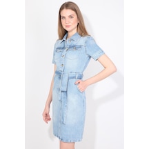 Kadın İki Cepli Açık Mavi Jean Elbise Kemerli Regular Fit Açık Mavi