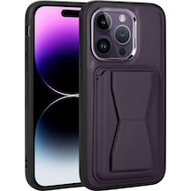 Kilifone - Apple Uyumlu iPhone 14 Pro - Kılıf Kart Bölmeli El Tutacaklı Stand Olan Pu Deri Memo Kapak - Koyu Mor