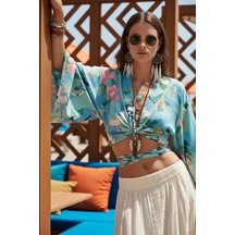 Fashion Cocktail Yeşil Japon Turna Kuşu Desenli Bağlamalı Ipeksi Bohem Kimono Geniş Kol Bluz Crop Yeşil Yeşil